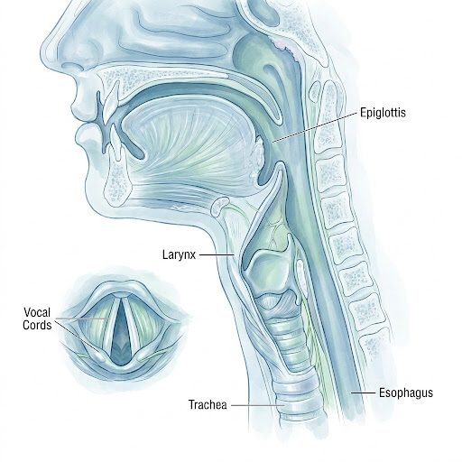 Diagram of the throat and larynx, showing the epiglottis, vocal cords, larynx, trachea, and esophagus