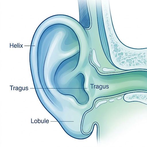 Diagram of the outer ear showing the helix, tragus, and lobule